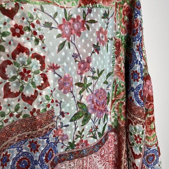 Zara Top Womens XL Patchwork Floral V Neck Ruffle Boho Swiss Dot Chiffon Blouse - Picture 8 of 16